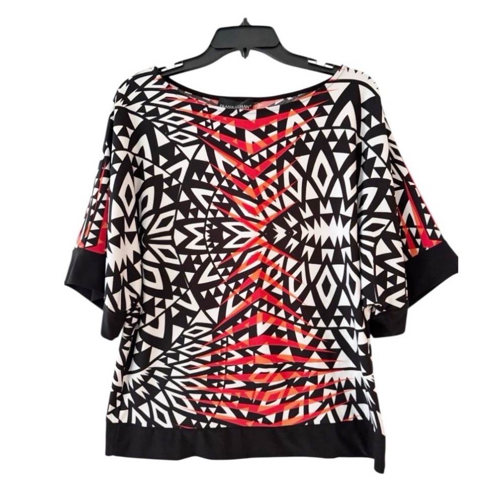 Frank Lyman Design Black and White Cuffed Sleeve Boatneck Top Size Small